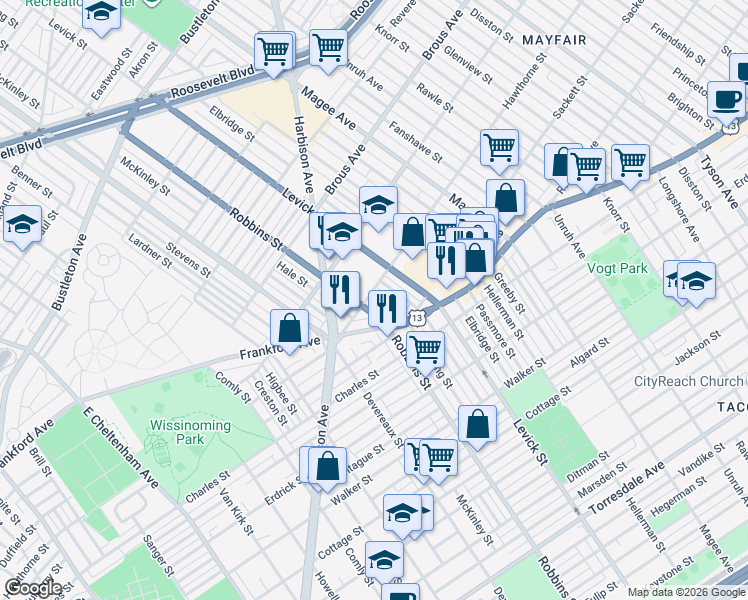 map of restaurants, bars, coffee shops, grocery stores, and more near 3118 Barnett Street in Philadelphia