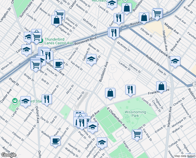 map of restaurants, bars, coffee shops, grocery stores, and more near 5909 Penn Street in Philadelphia