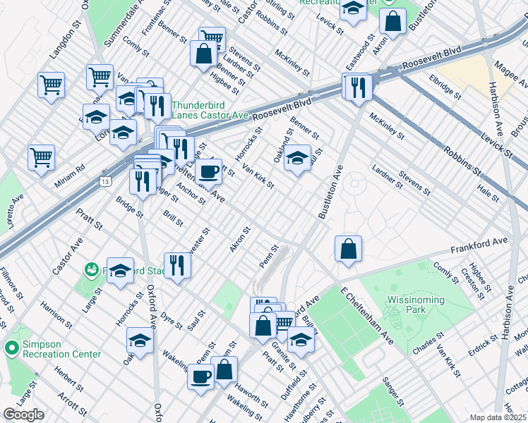 map of restaurants, bars, coffee shops, grocery stores, and more near 5826 Akron Street in Philadelphia