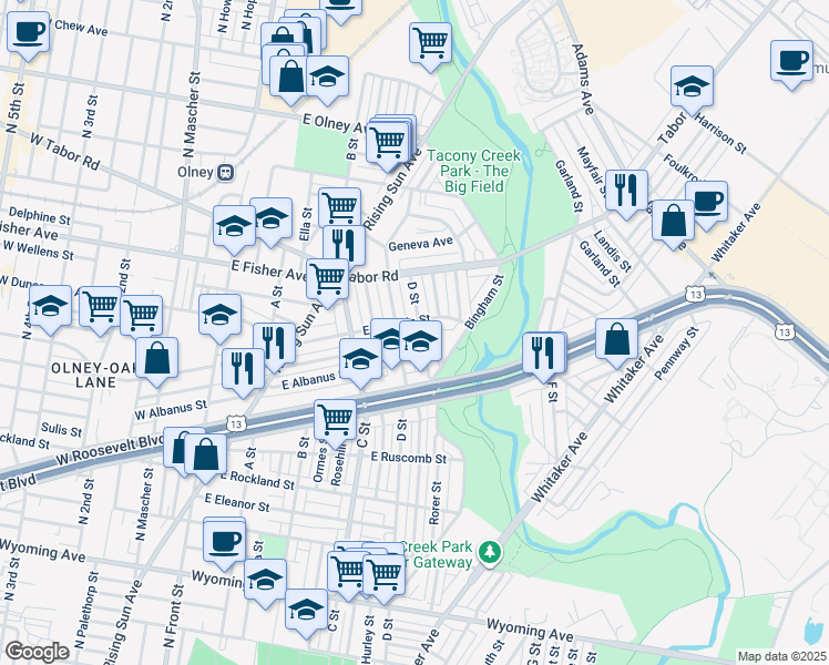 map of restaurants, bars, coffee shops, grocery stores, and more near 5200 D Street in Philadelphia