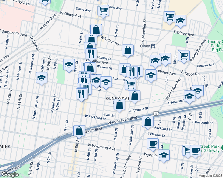 map of restaurants, bars, coffee shops, grocery stores, and more near 277 West Sheldon Street in Philadelphia