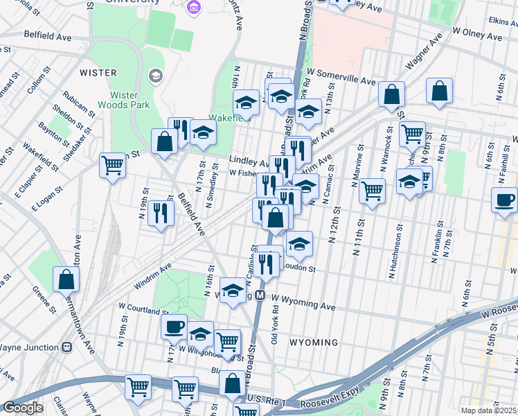 map of restaurants, bars, coffee shops, grocery stores, and more near 1428 Windrim Avenue in Philadelphia