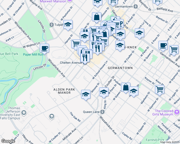 map of restaurants, bars, coffee shops, grocery stores, and more near 5535 Morris Street in Philadelphia