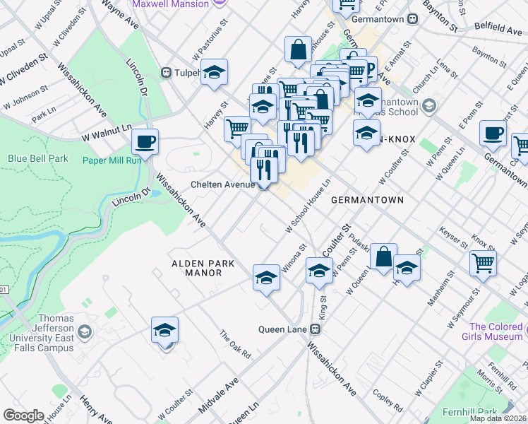 map of restaurants, bars, coffee shops, grocery stores, and more near 400 West Chelten Avenue in Philadelphia