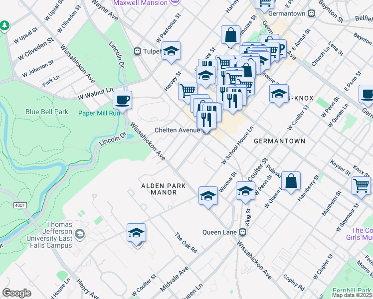 map of restaurants, bars, coffee shops, grocery stores, and more near 416 West Stafford Street in Philadelphia