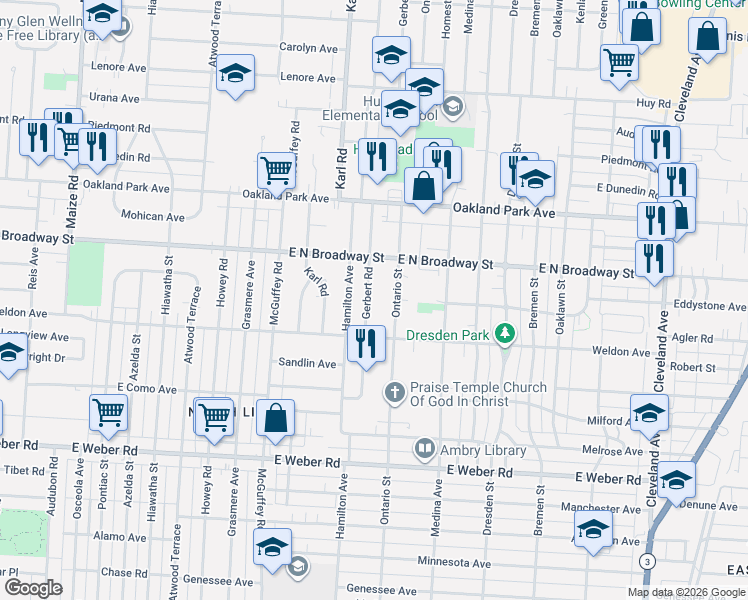 map of restaurants, bars, coffee shops, grocery stores, and more near 3069 Gerbert Road in Columbus
