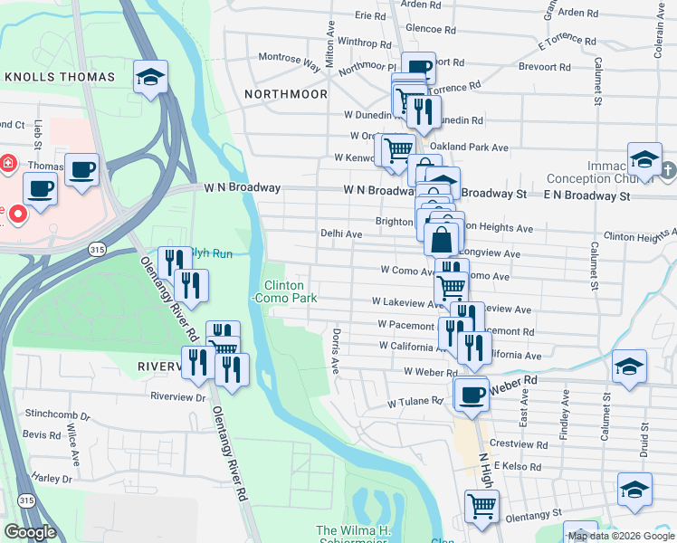 map of restaurants, bars, coffee shops, grocery stores, and more near 192 West Como Avenue in Columbus