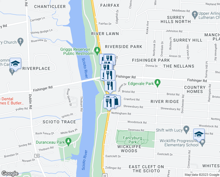 map of restaurants, bars, coffee shops, grocery stores, and more near 3706 Riverview Drive in Upper Arlington