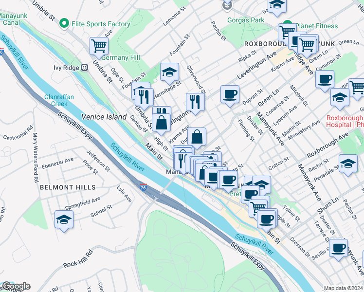 map of restaurants, bars, coffee shops, grocery stores, and more near 141 Dupont Street in Philadelphia