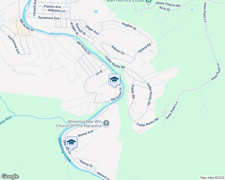 map of restaurants, bars, coffee shops, grocery stores, and more near 85 Mil Acres Drive in Wheeling
