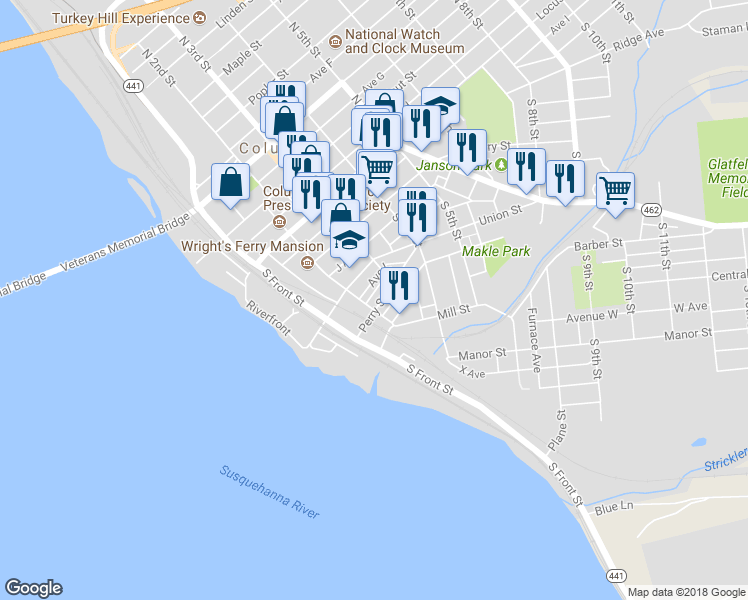 map of restaurants, bars, coffee shops, grocery stores, and more near 209 Perry Street in Columbia