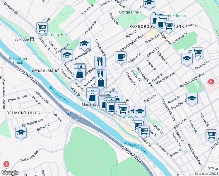 map of restaurants, bars, coffee shops, grocery stores, and more near 187 Green Lane in Philadelphia