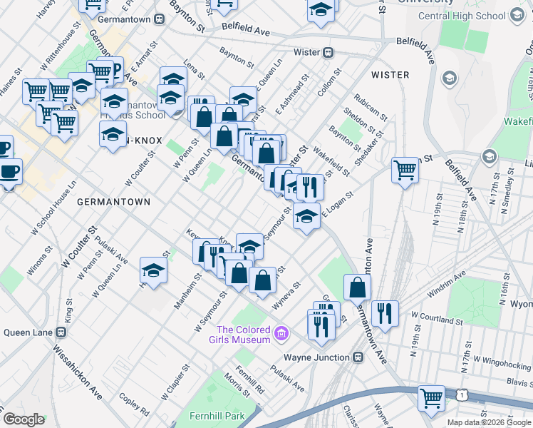map of restaurants, bars, coffee shops, grocery stores, and more near 5029 Portico Street in Philadelphia