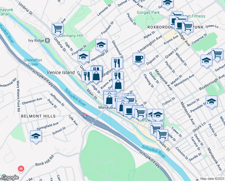 map of restaurants, bars, coffee shops, grocery stores, and more near 4523 Smick Street in Philadelphia