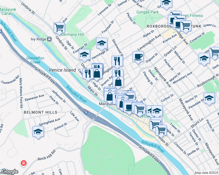 map of restaurants, bars, coffee shops, grocery stores, and more near 141 Dupont Street in Philadelphia