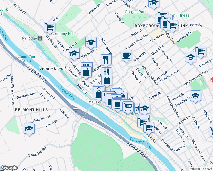 map of restaurants, bars, coffee shops, grocery stores, and more near 4515 Wilde Street in Philadelphia