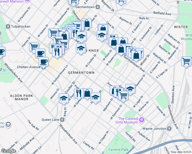 map of restaurants, bars, coffee shops, grocery stores, and more near 167 West Queen Lane in Philadelphia