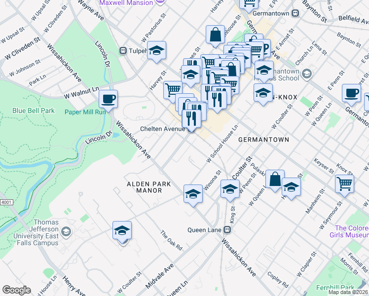map of restaurants, bars, coffee shops, grocery stores, and more near 400 West Chelten Avenue in Philadelphia