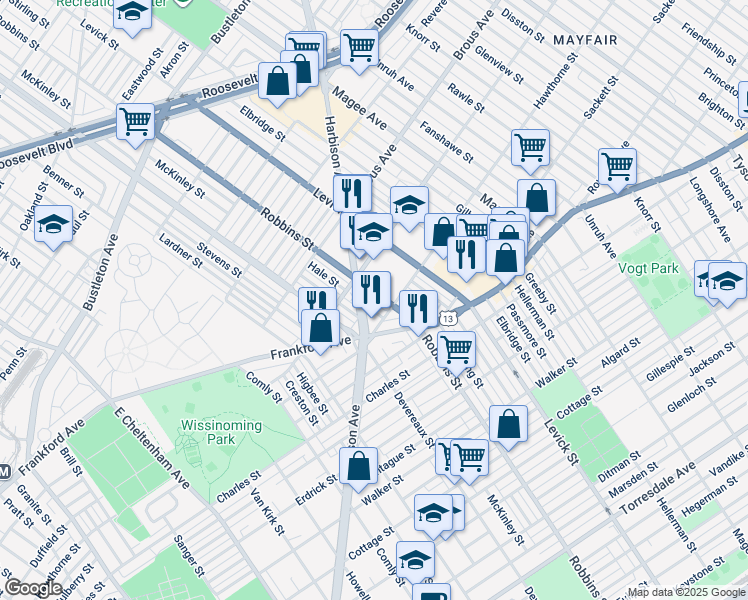 map of restaurants, bars, coffee shops, grocery stores, and more near 3026 Robbins Avenue in Philadelphia