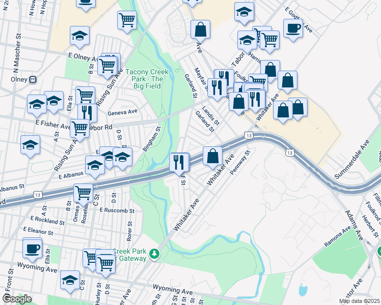 map of restaurants, bars, coffee shops, grocery stores, and more near 4022 East Roosevelt Boulevard in Philadelphia