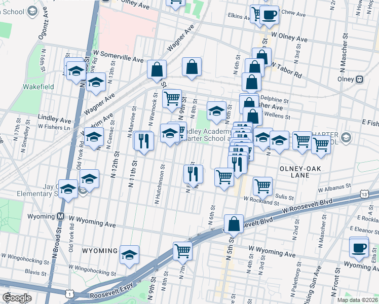 map of restaurants, bars, coffee shops, grocery stores, and more near 5037 North 8th Street in Philadelphia