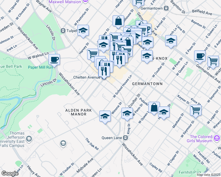 map of restaurants, bars, coffee shops, grocery stores, and more near 5535 Morris Street in Philadelphia