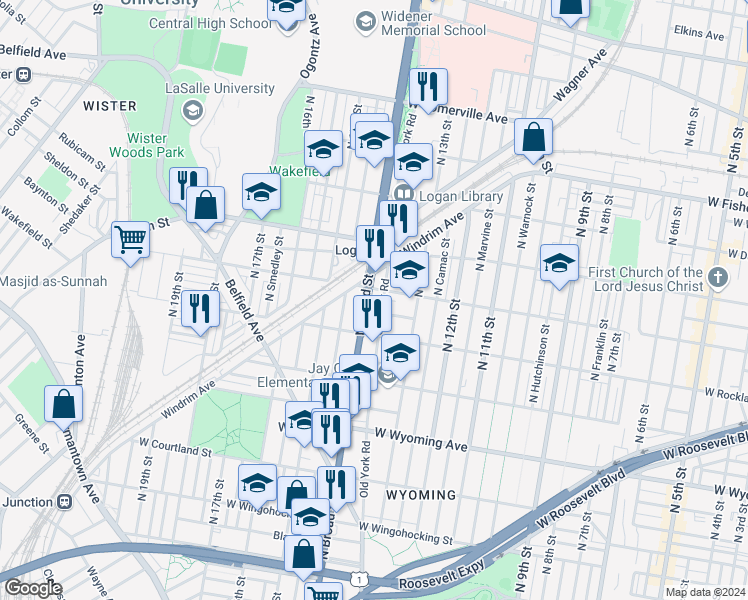 map of restaurants, bars, coffee shops, grocery stores, and more near 4941 North Broad Street in Philadelphia