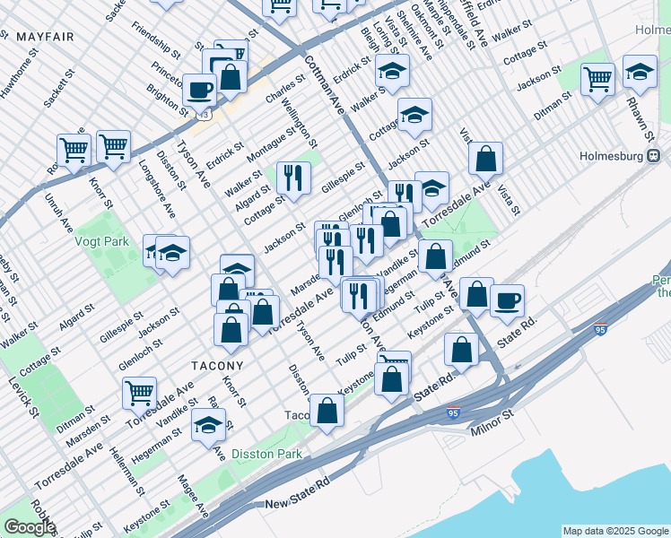 map of restaurants, bars, coffee shops, grocery stores, and more near 7108 Marsden Street in Philadelphia