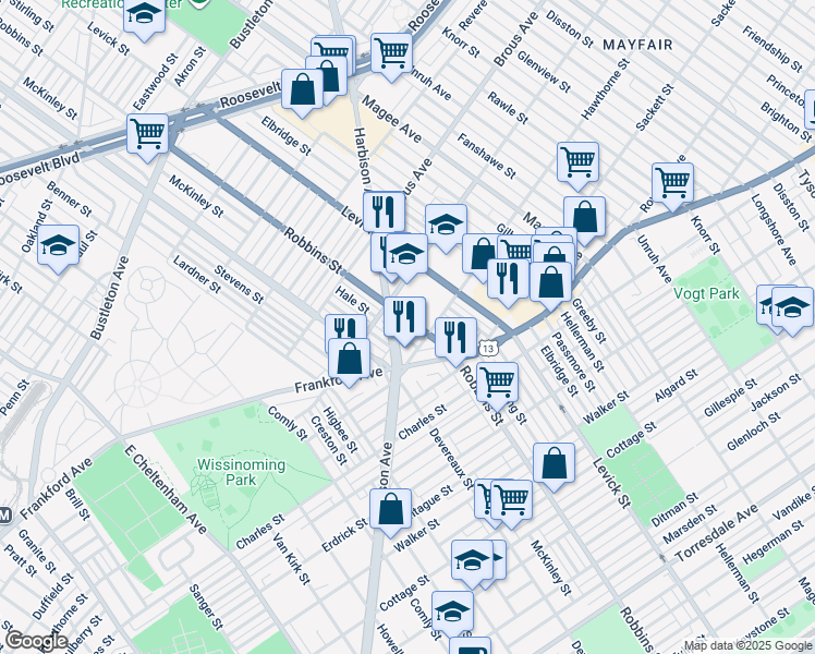 map of restaurants, bars, coffee shops, grocery stores, and more near 3026 Robbins Avenue in Philadelphia