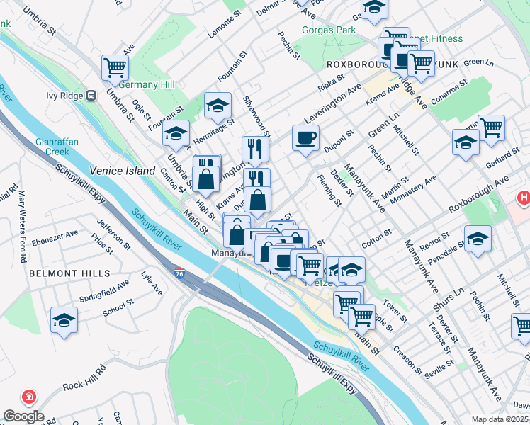map of restaurants, bars, coffee shops, grocery stores, and more near 4510 Wilde Street in Philadelphia