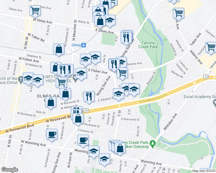 map of restaurants, bars, coffee shops, grocery stores, and more near 309 East Ashdale Street in Philadelphia