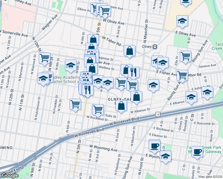 map of restaurants, bars, coffee shops, grocery stores, and more near 277 West Sheldon Street in Philadelphia