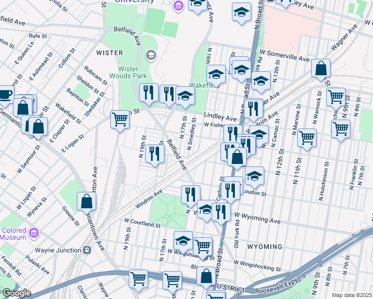 map of restaurants, bars, coffee shops, grocery stores, and more near 4922 North Smedley Street in Philadelphia