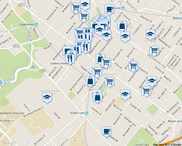 map of restaurants, bars, coffee shops, grocery stores, and more near 243 Winona Street in Philadelphia