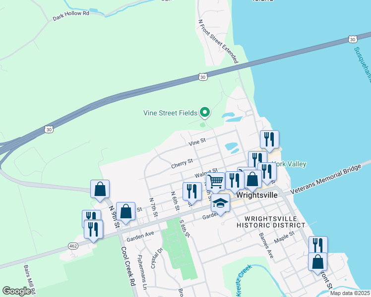 map of restaurants, bars, coffee shops, grocery stores, and more near 401 Vine Street in Wrightsville