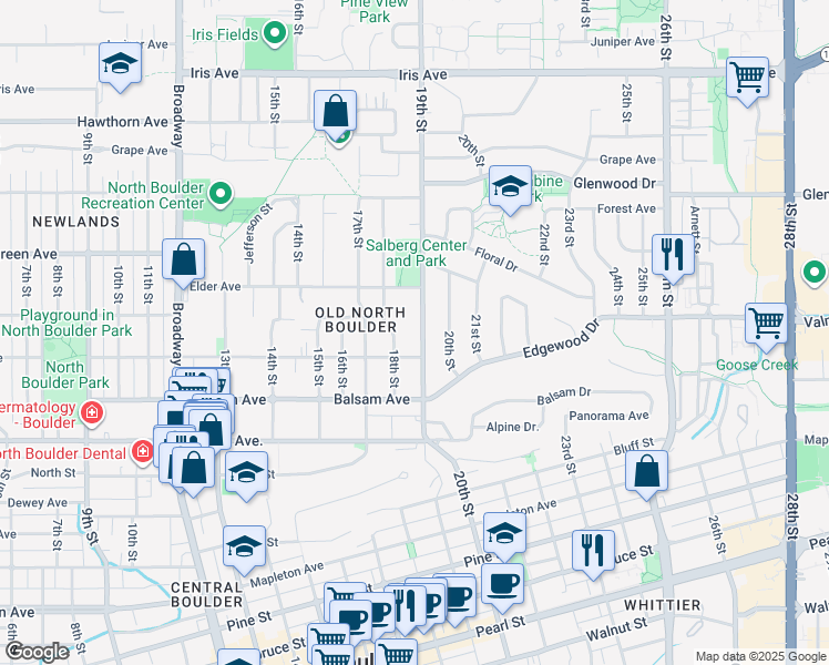 map of restaurants, bars, coffee shops, grocery stores, and more near 2925 19th Street in Boulder
