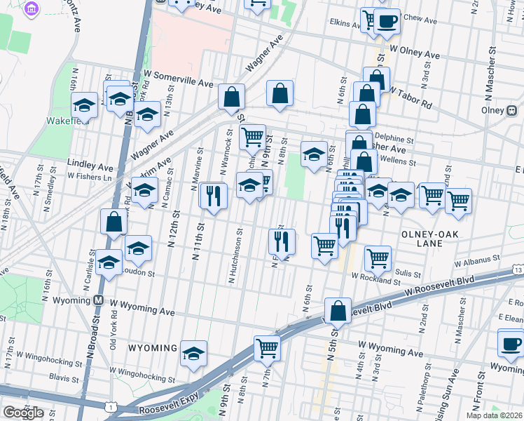 map of restaurants, bars, coffee shops, grocery stores, and more near 5043 North 9th Street in Philadelphia