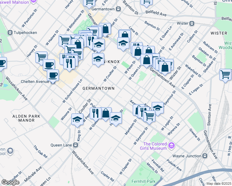 map of restaurants, bars, coffee shops, grocery stores, and more near 167 West Queen Lane in Philadelphia