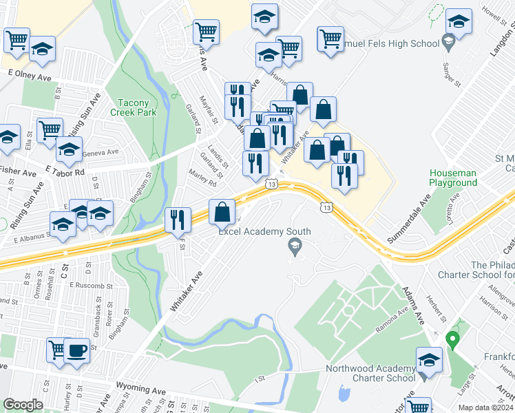 map of restaurants, bars, coffee shops, grocery stores, and more near 5255 Whitaker Avenue in Philadelphia