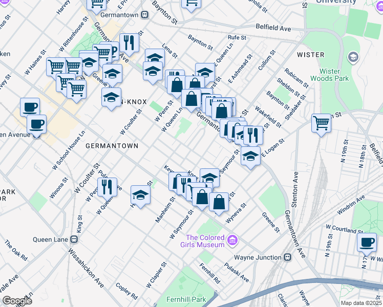 map of restaurants, bars, coffee shops, grocery stores, and more near 5122 Greene Street in Philadelphia