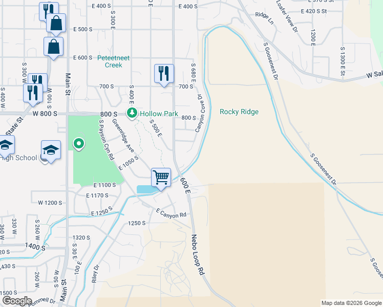 map of restaurants, bars, coffee shops, grocery stores, and more near 969 South 640 East in Payson