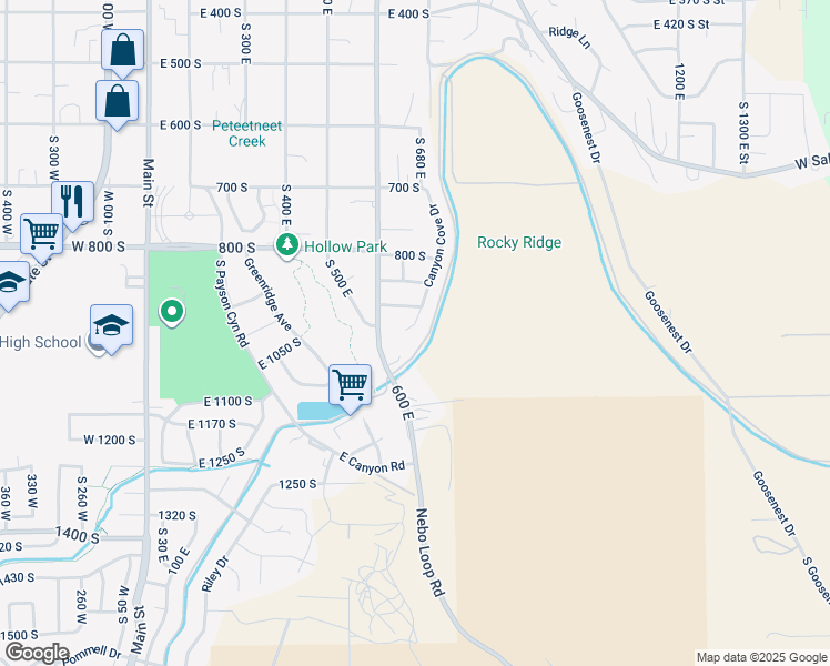 map of restaurants, bars, coffee shops, grocery stores, and more near 969 South 640 East in Payson
