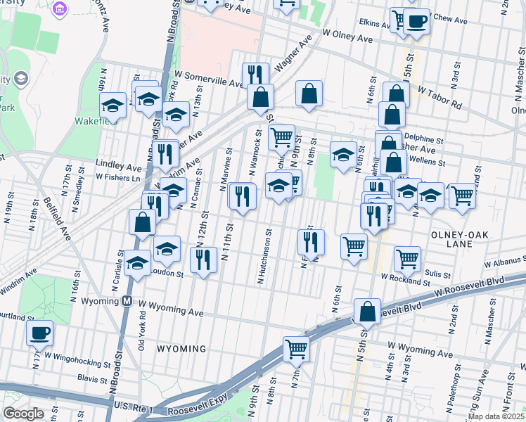 map of restaurants, bars, coffee shops, grocery stores, and more near 5021 North 10th Street in Philadelphia
