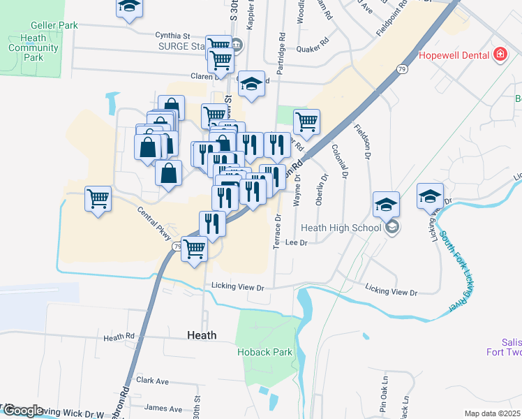 map of restaurants, bars, coffee shops, grocery stores, and more near 846 Hebron Rd in Heath