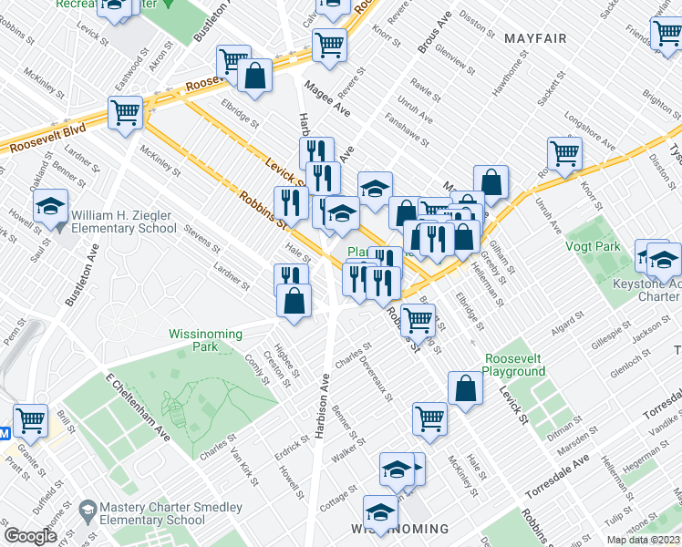 map of restaurants, bars, coffee shops, grocery stores, and more near 3022 Robbins Avenue in Philadelphia