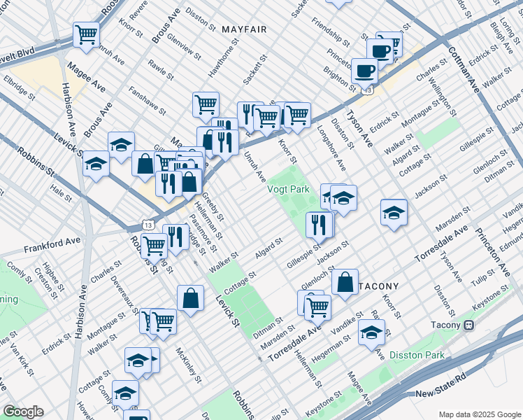 map of restaurants, bars, coffee shops, grocery stores, and more near 6620 Erdrick Street in Philadelphia