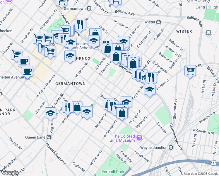 map of restaurants, bars, coffee shops, grocery stores, and more near 127 Hansberry Street in Philadelphia