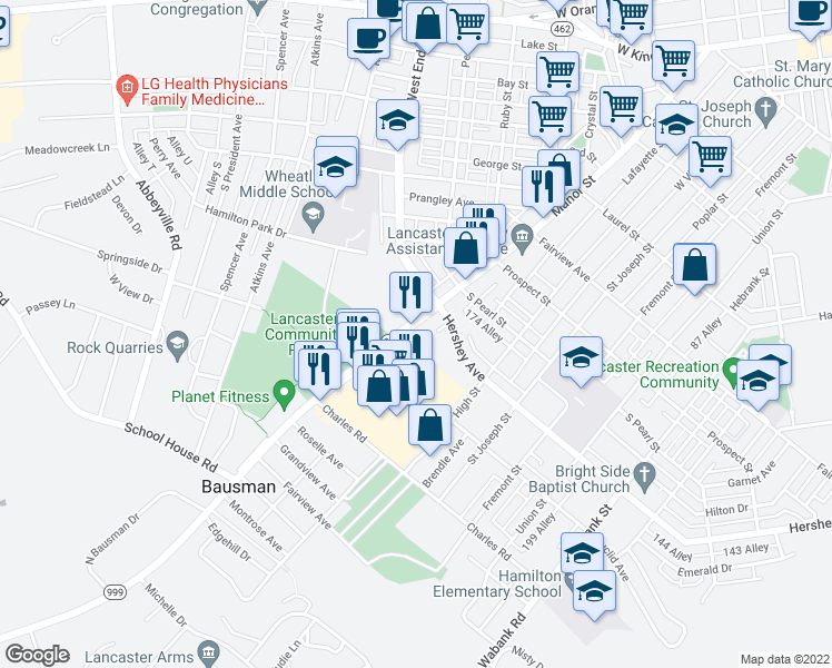 map of restaurants, bars, coffee shops, grocery stores, and more near 1110 Millersville Pike in Lancaster