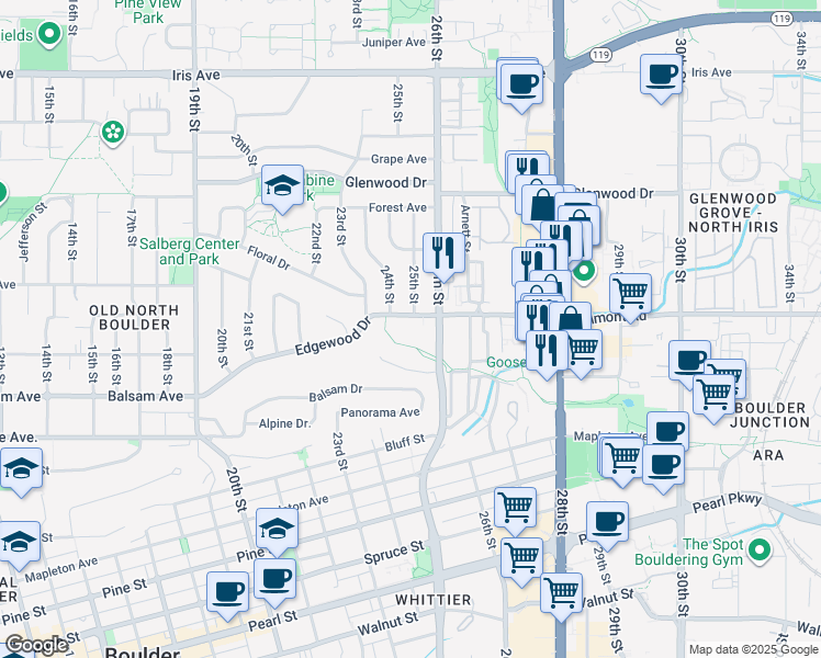 map of restaurants, bars, coffee shops, grocery stores, and more near 2855 Folsom Street in Boulder