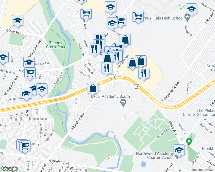 map of restaurants, bars, coffee shops, grocery stores, and more near 5255 Whitaker Avenue in Philadelphia